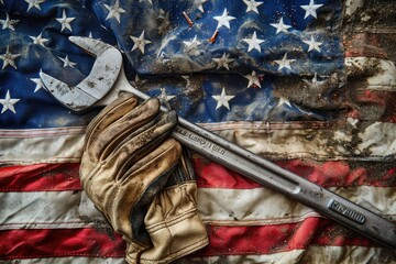 Happy Labor day concept. American flag with different construction tools on dark wooden background, Worn work glove holding old wrench and US American flag. labor day, happy labor day