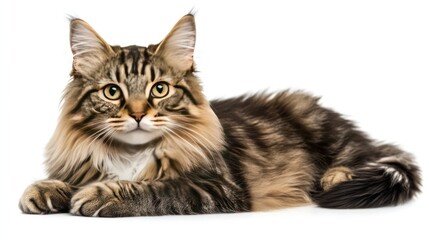 Obraz premium A Longhaired Tabby Cat Lying on Its Belly, Looking Directly at the Camera