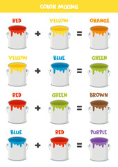 Color mixing scheme for kids. Primary and secondary colors. Paint cans.