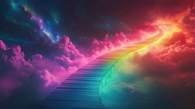 31. A neon rainbow bridge stretching across a dark void, with pastel colors softly blending together, glowing in the night