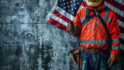 A worker in blue overalls and a tool belt stands against a rough concrete wall, arms crossed, ready for a day of hard work concept of labor day
