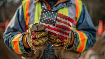 A worker in blue overalls and a tool belt stands against a rough concrete wall, arms crossed, ready for a day of hard work concept of labor day