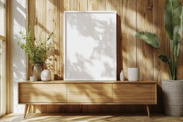 Poster Frame Mockup on Wooden Interior Background created with Generative AI