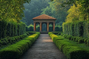 Obraz premium A path leads to a gazebo in a lush green garden