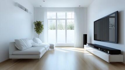 A narrow living room with minimalist, a sleek entertainment system, and a large window that floods the space with light.