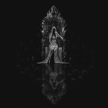 Demon queen sits on throne, dark horror illustration, Girl on the throne in her hand a flower, in the background silhouettes of small demons, reflection in the floor, dark fantasy illustration, album