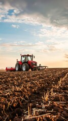 farm equipment, such as a tractor or plow, in action on a large field, illustrating the hard work and machinery involved in modern farming.