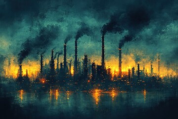 A painting of a city with smoke coming out of the buildings
