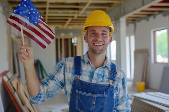 Handsome American construction worker smiling and waving an American flag in his hand, he is wearing blue overalls with yellow hard hat on head concept of labor day - Powered by Adobe