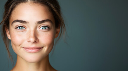 Close-up portrait of a woman with clear skin, blue eyes, and light freckles, smiling slightly against a plain grey background.