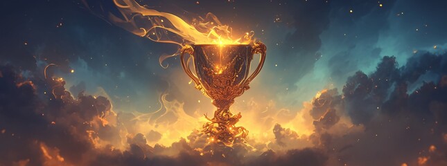 Golden trophy on dark background with copy space, gold award cup for success and victory concept banner design of business winner or sport competition