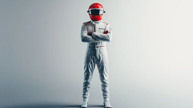 an f1 racing car driver standing. 