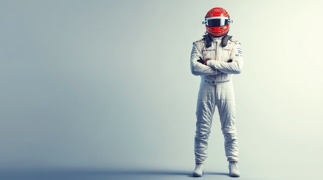 an f1 racing car driver standing. 