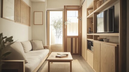 A cozy, narrow living space with minimalist furniture, a small coffee table, and natural wood accents.