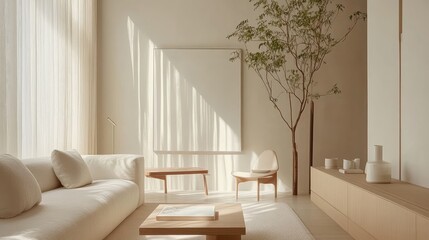 Fototapeta premium A cozy, narrow living space designed in a minimalist style, with clean lines, a few pieces of modern furniture, and a soft, calming atmosphere.