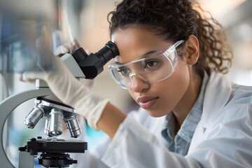 Focused Scientist Analyzing Samples Under a Microscope in a Modern Laboratory