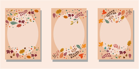 Set of autumn decoration template. Autumnal template decoration with colorful fallen leaves. Autumn seasonal leaflet. Vector illustration.
