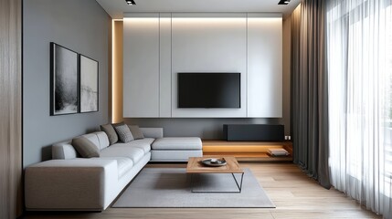 Fototapeta premium A compact living room with a minimalist design, featuring a narrow layout, a small sectional sofa, and a wall-mounted media unit.