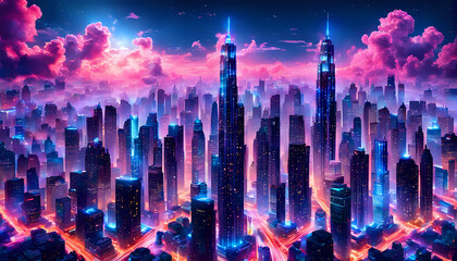 Panorama of evening city against colorful cloudy sky. Generative AI