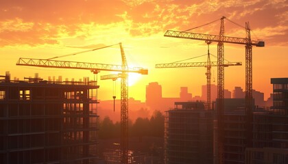 Construction Site with Cranes at Sunset Silhouetted Buildings