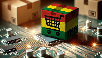 A cube with an Bolivia flag and shopping cart icon on a circuit board symbolizes the intersection of e-commerce and technology, highlighting the digital marketplace.