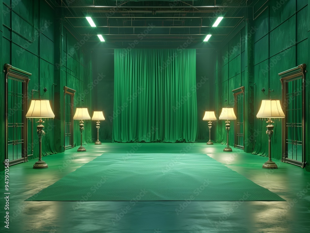 Wall mural green screen film studio with lamps and key lights, empty space in the middle, well lit