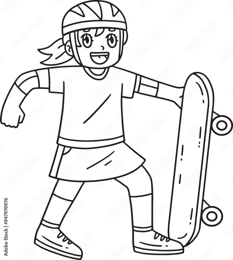 Poster skateboard girl playing isolated coloring page