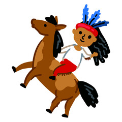 American Indian on horseback. National costume - headdress made of feathers. Bright color vector illustration isolated on a white background. Native Americans with a horse