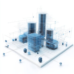 A futuristic wireframe cityscape featuring blue digital buildings and structures on a grid platform, representing modern urban planning and technological innovation.