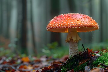 Vibrant Red Mushroom in a Misty Forest Setting