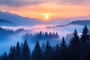 Obraz premium Serene misty mountain sunrise