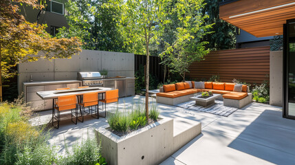 Urban outdoor patio with modern concrete planters, a sleek outdoor kitchen, and contemporary seating for entertaining guests