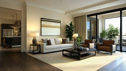 Modern white sofa with a selection of pastel colored pillows in a cozy small living room