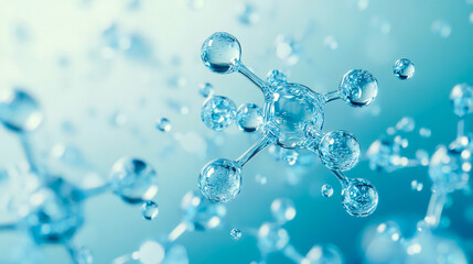 Close-up of small carbon molecules forming an H2O molecule at the center, set against a light background