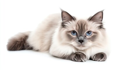 A White Cat with Blue Eyes Lying Down on a White Background