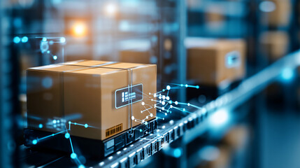 A digital representation of a smart logistics system with packaging on a conveyor, highlighting the integration of technology in modern supply chains.