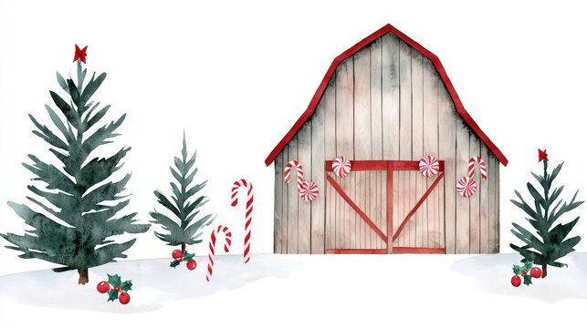 A charming winter scene featuring a rustic barn decorated with candy canes and surrounded by festive pine trees.