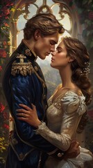 Romantic couple in formal attire embracing in a garden.