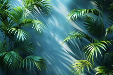 Fototapeta premium Blurred shadow from palm leaves on the light blue wall. Minimal abstract background for product presentation. Generative AI