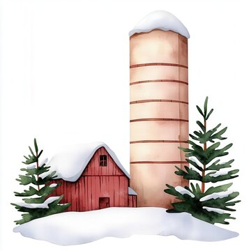 recommend clip art: A charming winter scene featuring a red barn and silo surrounded by snow and evergreen trees, perfect for seasonal themes.