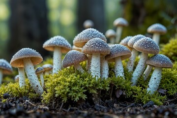 Fototapeta premium Close-up of mushrooms in a natural forest setting, highlighting organic growth and nature’s biodiversity.