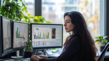 Professional woman analyzing data on multiple computer screens in a modern office filled with plants and natural light during daytime
