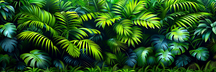 A lush green jungle with a variety of plants and trees. Concept of tranquility and natural beauty
