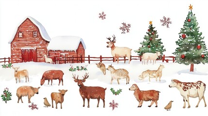 Naklejka premium Charming winter scene featuring a cozy barn, festive trees, and various farm animals amidst snow and holiday decor.