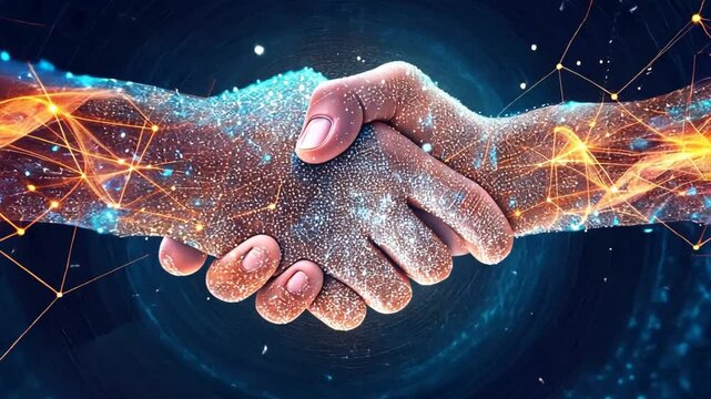 Cosmic Collaboration: Two hands, ablaze with technological energy, clasp in a firm handshake, symbolizing a powerful partnership in a futuristic digital landscape. 