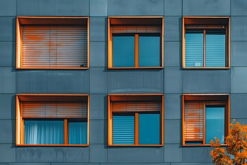 Modern Architectural Facade with Colorful Windows and Blinds