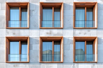 Fototapeta premium Modern Architectural Design Featuring Symmetrical Windows with Wooden Frames