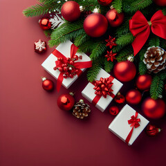 Red Christmas Tree Balls with White Gift Boxes with Ribbon Bows