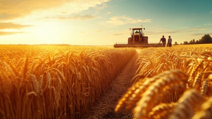 Fototapeta premium Wheat harvest scene with farmers using scythes and machinery, under a bright sun, sharp details and vivid colors, captured in a realistic photojournalistic style. Harvesting
