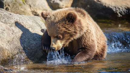 Obraz premium A brown bear playing by himself by the stream. 